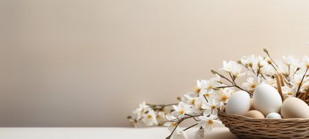 Easter eggs in basket and spring flowers on white wooden table.の素材