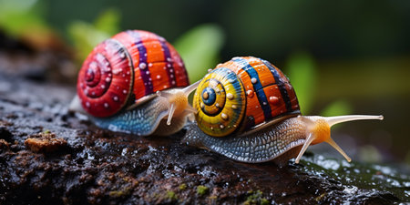 Two snails crawling on a wet stone in the rainforest.の素材