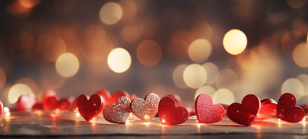 Valentine's day background with red hearts and bokeh lightsの素材