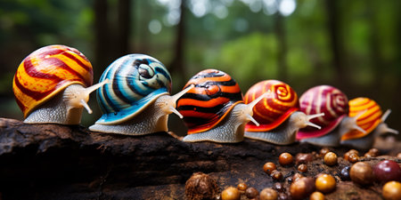 Snails crawling on a log in the forest. Shallow depth of field.の素材