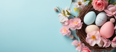 Easter eggs in nest with spring flowers on blue background. Happy Easter concept.の素材