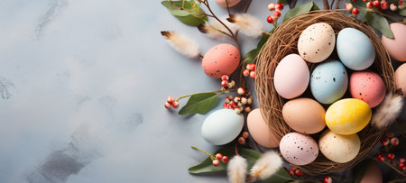 Easter eggs in nest with willow branches and berries on blue backgroundの素材