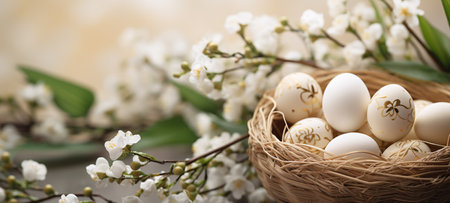 Easter eggs in a nest on a wooden background with spring flowersの素材