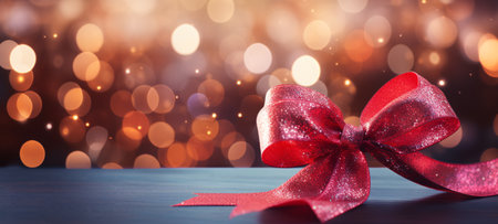 Red bow on wooden table with bokeh background. Christmas and New Year concept.の素材