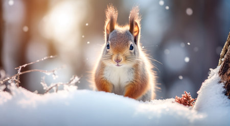 Squirrel in the winter forest. Cute red squirrel in the winter forest.の素材