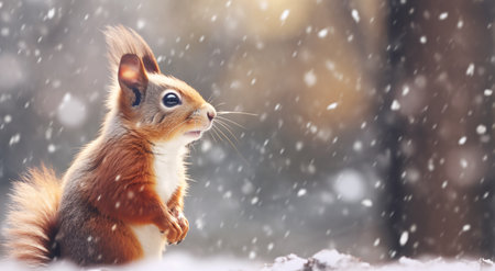 Squirrel in winter forest. Cute animal in snowy forest.の素材