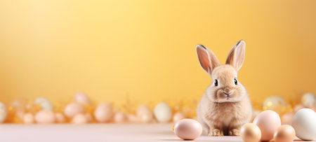 Easter bunny and easter eggs on a yellow background with copy spaceの素材