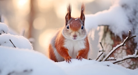 Red squirrel sitting on snow in winter forest. Shallow depth of field.の素材