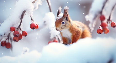 Squirrel in the snow with red berries on a background of winter forestの素材