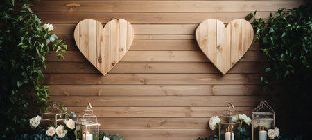 Wooden hearts on the background of a wooden wall with flowers and candlesの素材