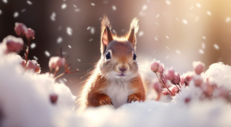 Cute red squirrel sitting in the snow with pink flowers on the backgroundの素材