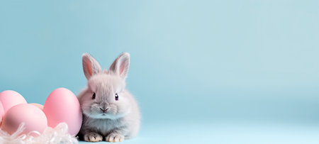 Easter bunny and easter eggs on blue background with copy spaceの素材