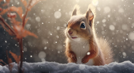 Squirrel in winter forest. Cute animal in snowy forest.の素材