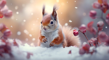 3d illustration of a red squirrel sitting in the snow with pink flowersの素材