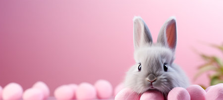 Cute bunny and easter eggs on pink background, banner.の素材
