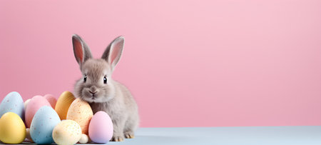 Easter bunny and colorful eggs on a pink background. Place for text.の素材