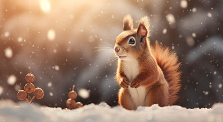 Squirrel in winter forest. Cute little animal on snow.の素材