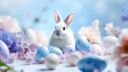 Cute bunny with Easter eggs and flowers on blurred background, closeupの素材