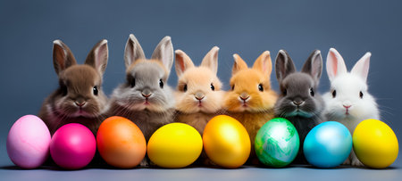 Group of easter bunnies with colorful eggs on blue backgroundの素材