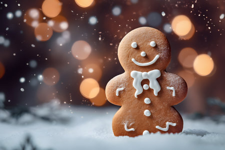 Christmas gingerbread man in the snow with bokeh backgroundの素材