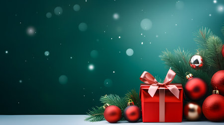 Christmas background with red gift box and balls. 3D illustrations.の素材
