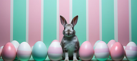 Rabbit and Easter eggs on a green and pink striped backgroundの素材
