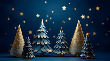 3D Illustration of Golden and Silver Christmas Trees on Blue Backgroundの素材