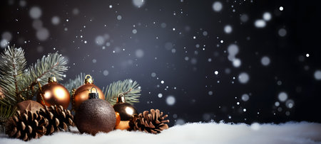 Christmas decoration on snow with fir tree and bokeh background.の素材