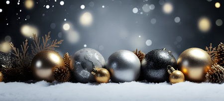 Christmas background with golden and silver baubles on snow 3D renderingの素材