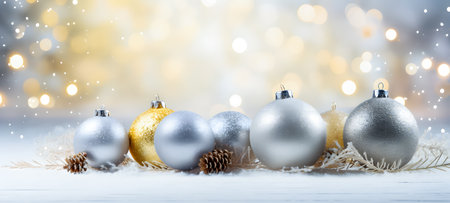 Silver and gold Christmas baubles on bokeh backgroundの素材