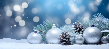 Christmas and New Year background. Festive decoration with fir branches, silver balls and bokeh.の素材