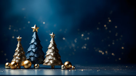 Christmas background with golden Christmas tree on blue bokeh backgroundの素材