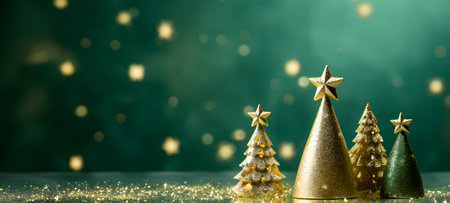 Christmas and New Year background with golden Christmas trees on bokeh backgroundの素材