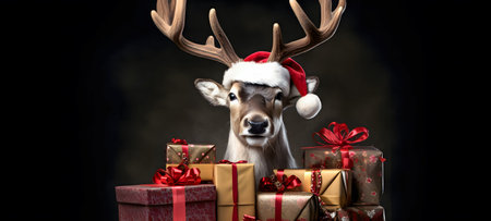 Christmas reindeer with gifts on black background. 3D renderingの素材