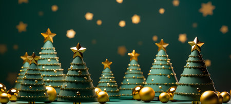 3D rendering of Christmas tree with golden stars on green backgroundの素材