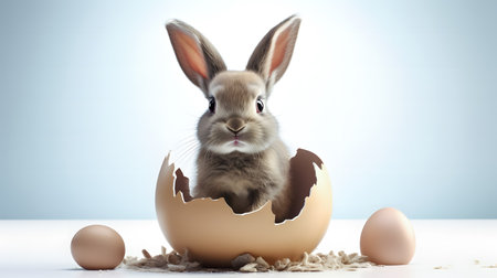 Cute easter bunny in eggshell on white table and blue backgroundの素材