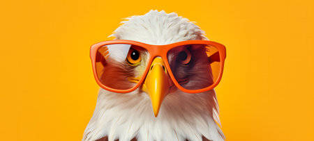 Bald Eagle wearing orange sunglasses isolated on orange background with copy spaceの素材