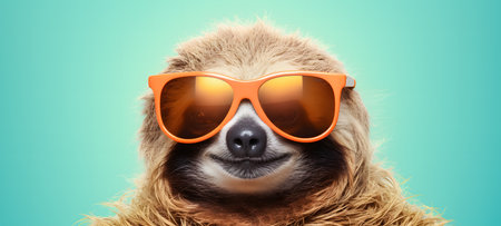 Funny sloth wearing orange sunglasses on turquoise background.の素材