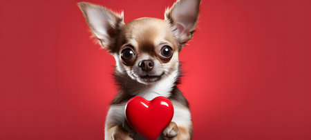 Chihuahua dog with a red heart on a red backgroundの素材