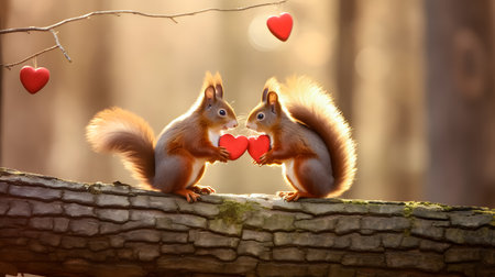 Two red squirrels sitting on a tree branch and holding a red heart.の素材