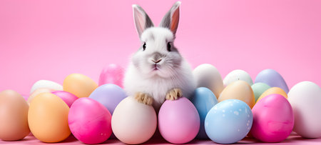 Easter bunny and colorful eggs on pink background. Happy Easter concept.の素材