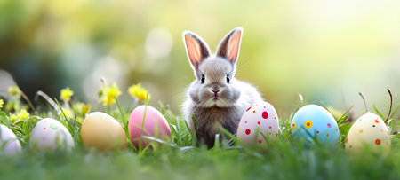 Cute little bunny and easter eggs on green grass in gardenの素材