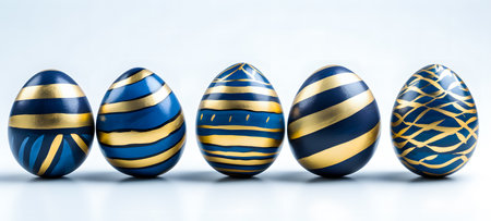 Row of blue and gold Easter eggs on a white background.の素材