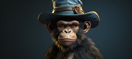 Chimpanzee in a hat on a dark background. 3d renderingの素材