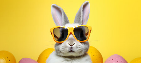 Easter bunny wearing orange sunglasses and easter eggs on yellow backgroundの素材