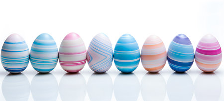 Row of colorful easter eggs isolated on white background with reflection.の素材