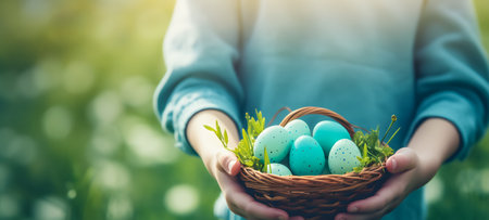 Easter eggs in basket in child's hands. Happy Easter!の素材
