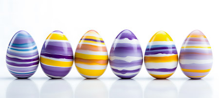 Row of colorful easter eggs isolated on white background with reflection.の素材