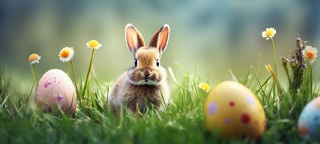 Easter bunny and Easter eggs on green grass with daisiesの素材