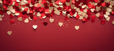 Valentine's day background with red and golden hearts on red.の素材